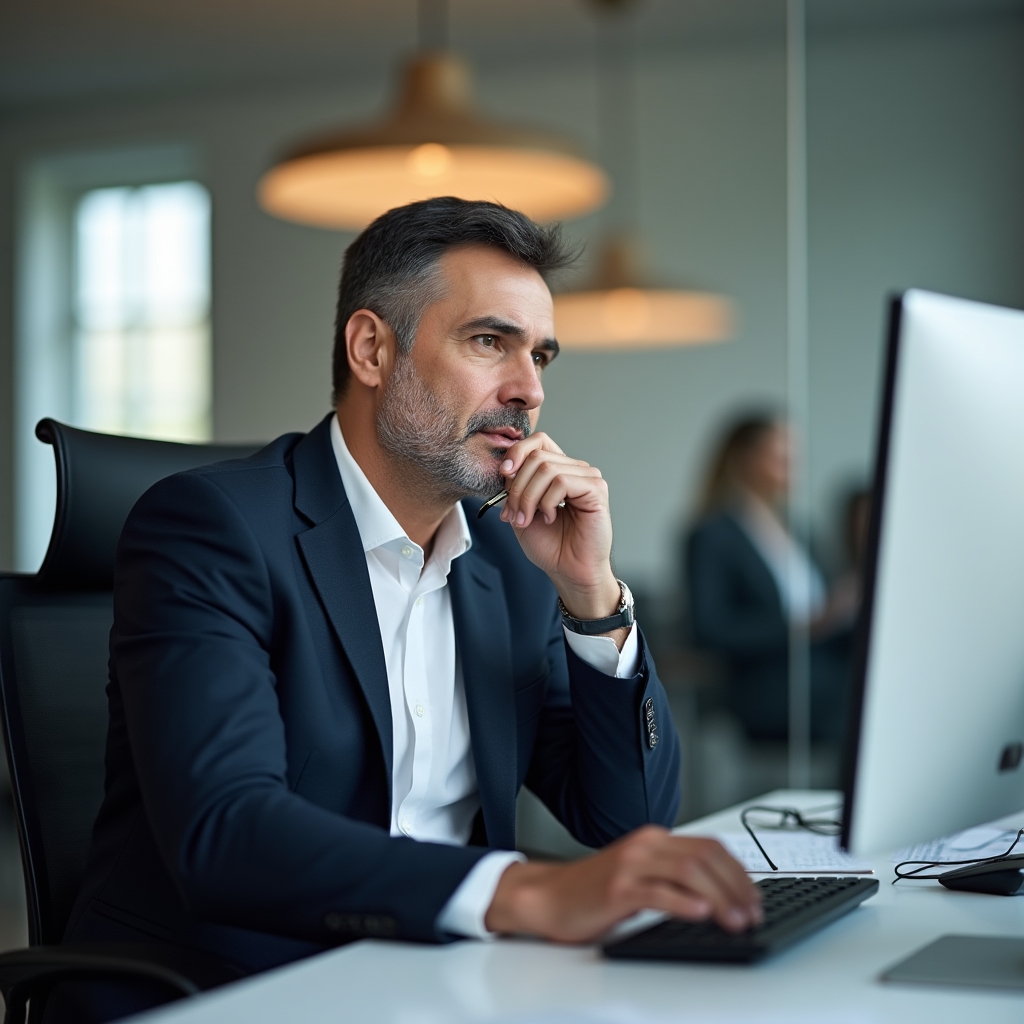 Руководитель отдела за рабочим столом с ноутбуком