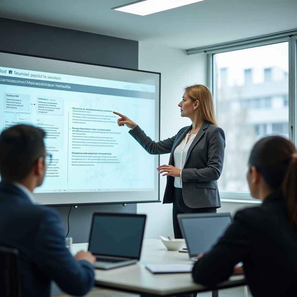 Тренер объясняет материал сотрудникам у экрана